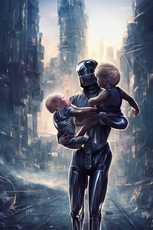 Prompt: metallic android carrying a sleeping child, background of futuristic cityscape, buildings on fire, no blur, high detail, cinematic