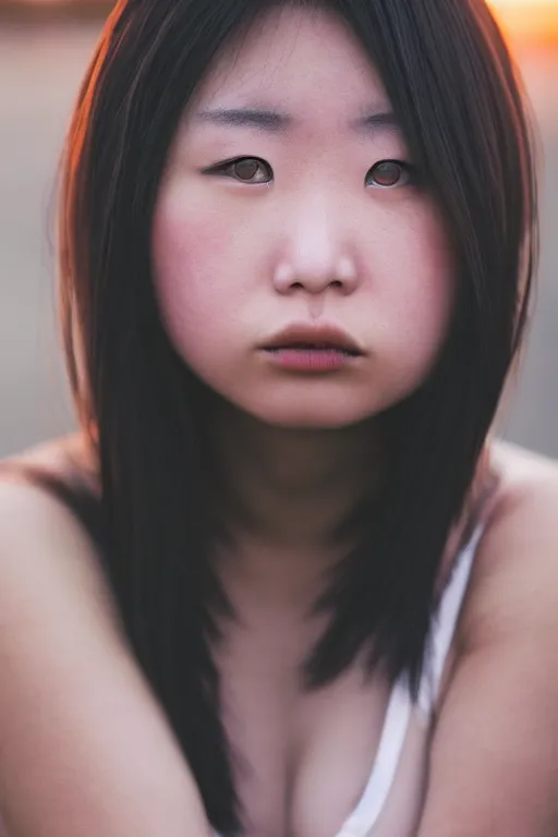 Image similar to beautiful gorgeous curvy Japanese edgy model girl with short hair, she's sad, sunset, 80mm lens, 1.2 aperture, grainy image, close up