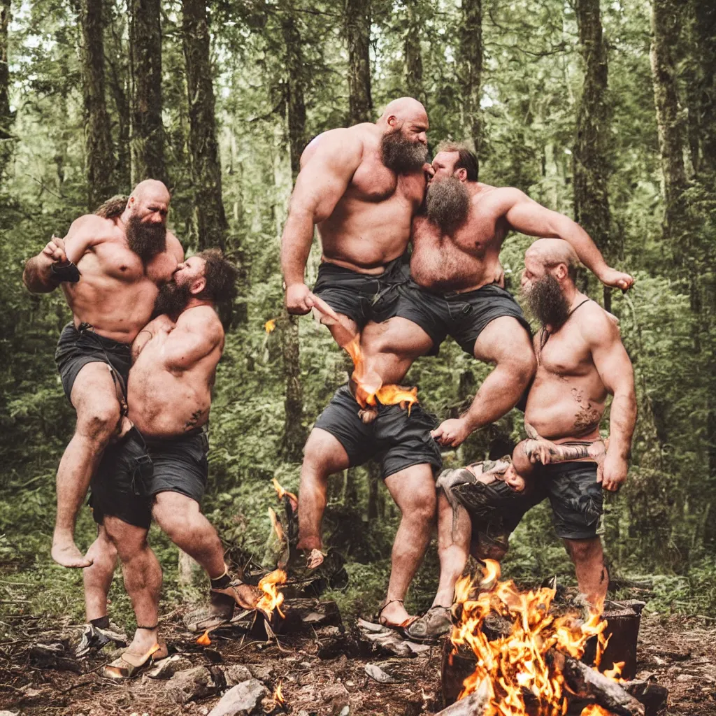 Image similar to big hairy strongmen in shorts in a forest, cuddling and kissing around a campfire, daddy energy, wholesome, cute, love, photography, high details, epic, high resolution