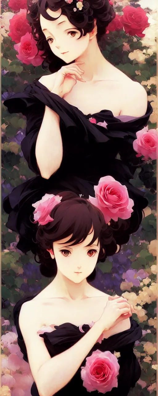 Image similar to beautiful rose anime girl in elegent black dress, krenz cushart, mucha, ghibli, by joaquin sorolla rhads leyendecker, by ohara koson