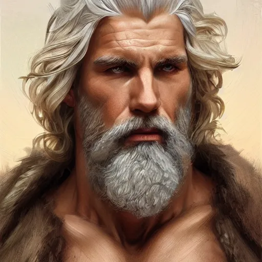 Image similar to portrait of rugged zeus, greek god, white hair, soft hair, d & d, muscular, hairy torso, fantasy, intricate, elegant, highly detailed, digital painting, artstation, concept art, smooth, sharp focus, illustration, art by artgerm and greg rutkowski and alphonse mucha