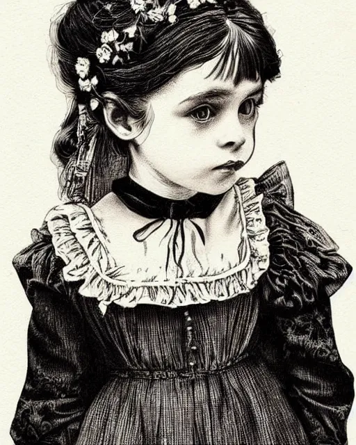 Prompt: little victorian girl, black ink on paper, trending on artstation, beautiful, intricate, detailed