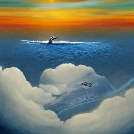 Prompt: blue whale swim in the cloud, digital painting