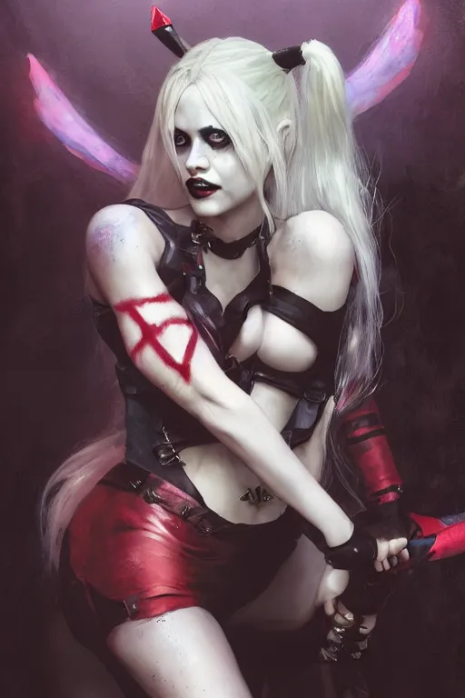 Prompt: a portrait of Harley Quinn as a succubus fully clothed by Greg Rutkowski, Sung Choi, Mitchell Mohrhauser, Maciej Kuciara, Johnson Ting, Maxim Verehin, Peter Konig, final fantasy , mythical, 8k photorealistic, cinematic lighting, HD, high details, atmospheric,