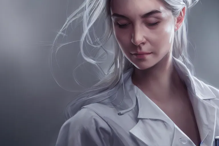 Image similar to a full portrait of an elegant and beautiful female doctor in a white coat in a hospital ward, cinematic, highly detailed, digital painting, artstation, concept art, matte, sharp focus, illustration, art by artgerm and greg rutkowski