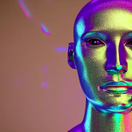 Image similar to 3d render of holographic human robotic head made of glossy iridescent, surrealistic 3d illustration of a human face non-binary, non binary model, 3d model human, cryengine, made of holographic texture, holographic material, holographic rainbow, concept of cyborg and artificial intelligence