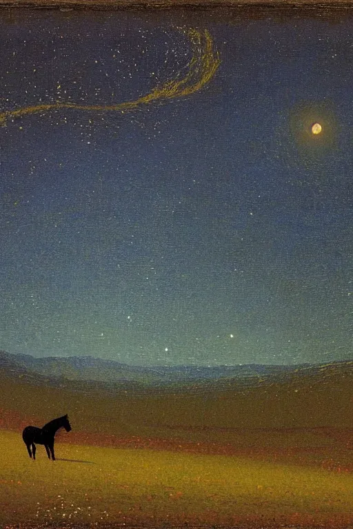 Prompt: black horse running through the starry nighty in a romantic night landscape, caspar david friedrich, arkhip kuindzhi, twilight