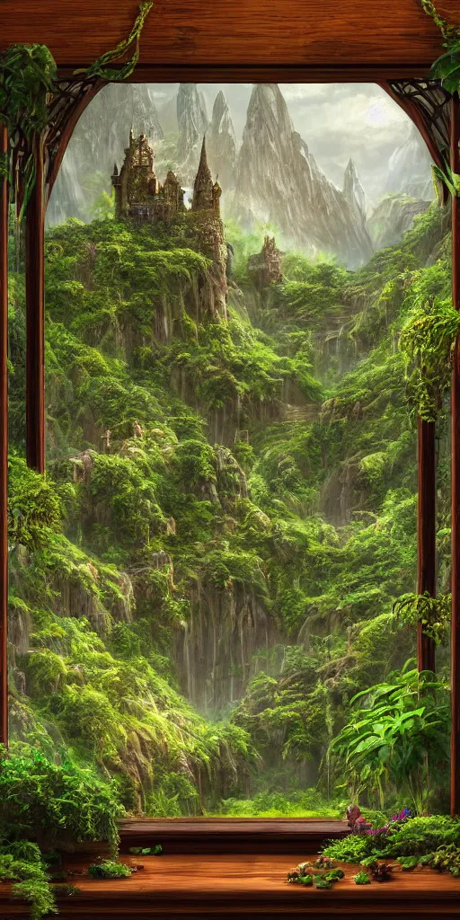 Prompt: lush fantasy Elvish windowsill with lush plants on it, interior of room, looking out toward a Rivendell cityscape and mountains, vignette of windowsill, detailed digital concept art by John Howe, trending on artstation