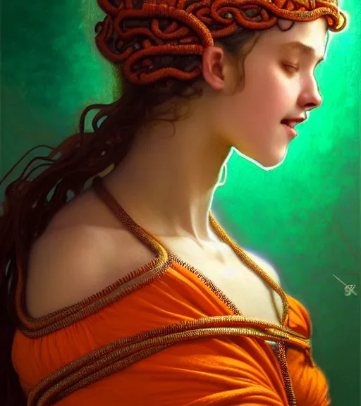 Image similar to portrait of teenage medusa, snake hair, naughty smile, wearing an embroidered orange tunic, intricate, sensual, sultry, elegant, copper and emerald jewelry, glowing lights, seductive, highly detailed, digital painting, artstation, concept art, smooth, sharp focus, illustration, art by wlop, mucha, artgerm, and greg rutkowski