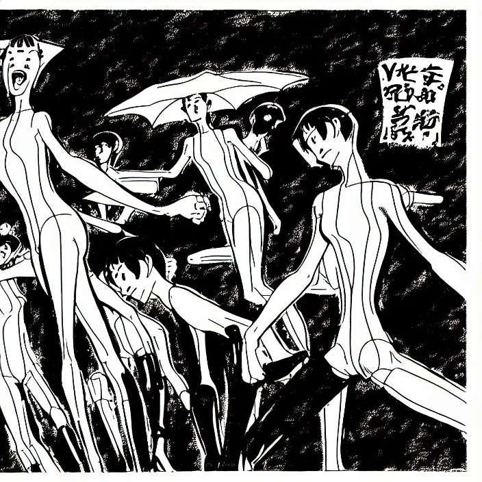 Prompt: a still frame from comic strip, neon genesis evangelion 1 9 5 0, herluf bidstrup, new yorker illustration, monochrome contrast bw, lineart, manga, tadanori yokoo, simplified,