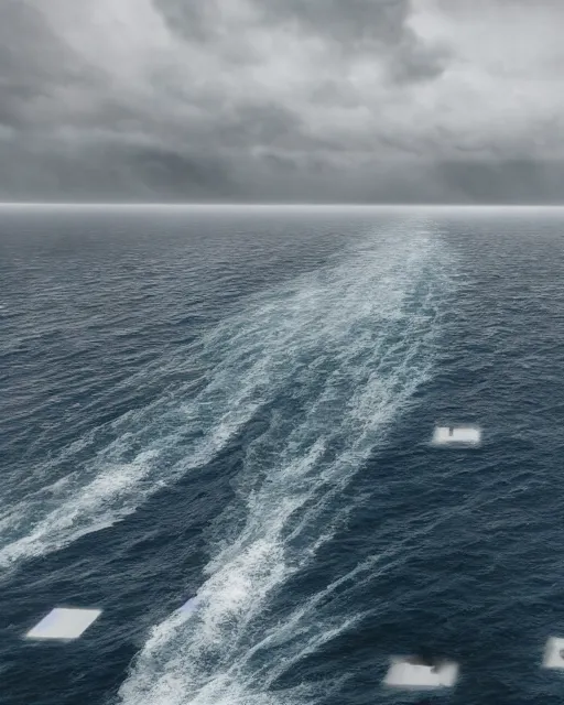 Image similar to view from an aircraft carrier of stormy seas, stormy weather, unreal engine, hyper realism, realistic shading, cinematic composition, realistic render, octane render, detailed textures, photorealistic, ultrawide shot, 16mm lens