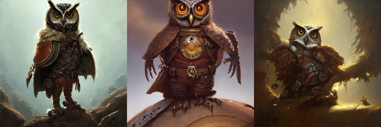 Prompt: a detailed painting of an owl with old glasses dressed with a leather armor, by justin gerard and greg rutkowski, digital art, realistic painting, dnd, character design, trending on artstation