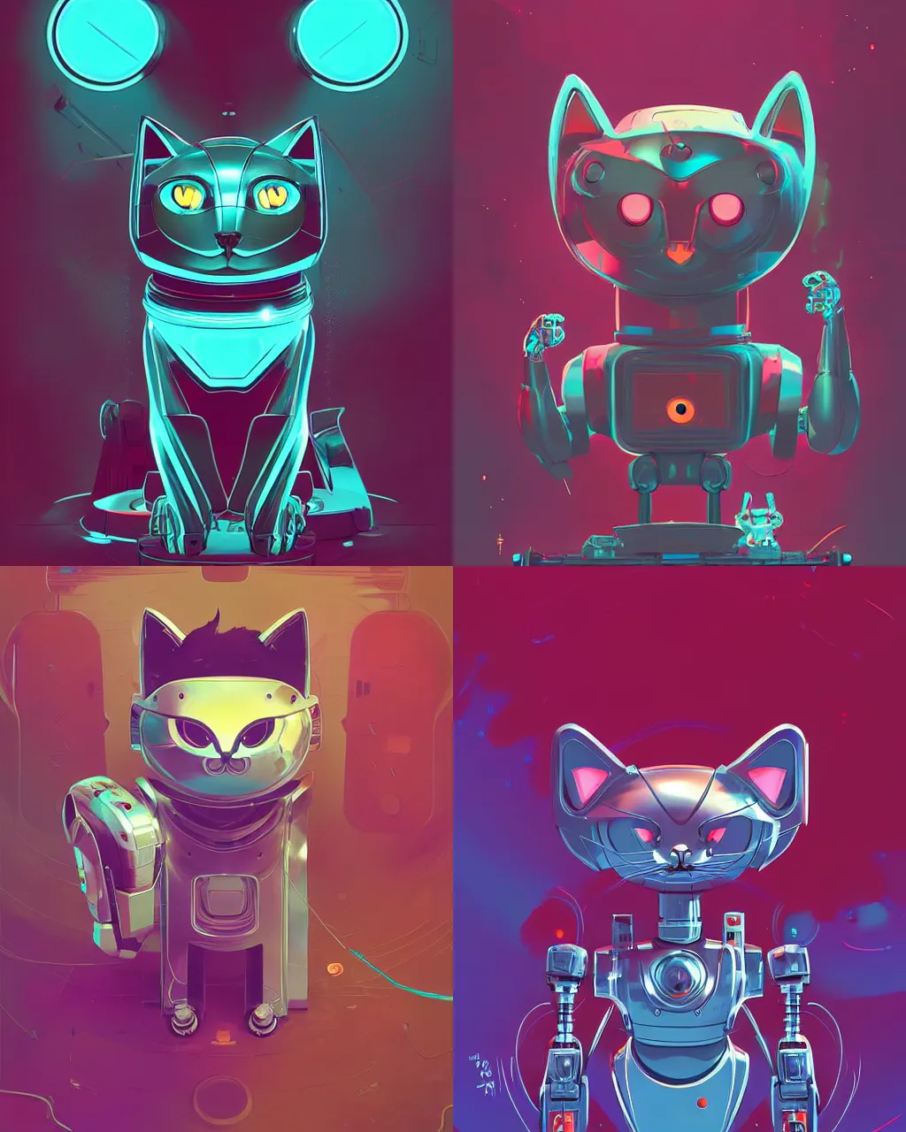 Prompt: Robotic cat with metallic chrome and electrical fur, by ross tran and anton fadeev, stylized illustration by james jean