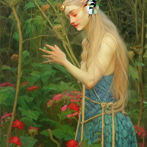 Prompt: a beautiful oil painting masterpiece of a fantasy elf woman flower shaped, by Alan Lee, artsation, spring color scheme