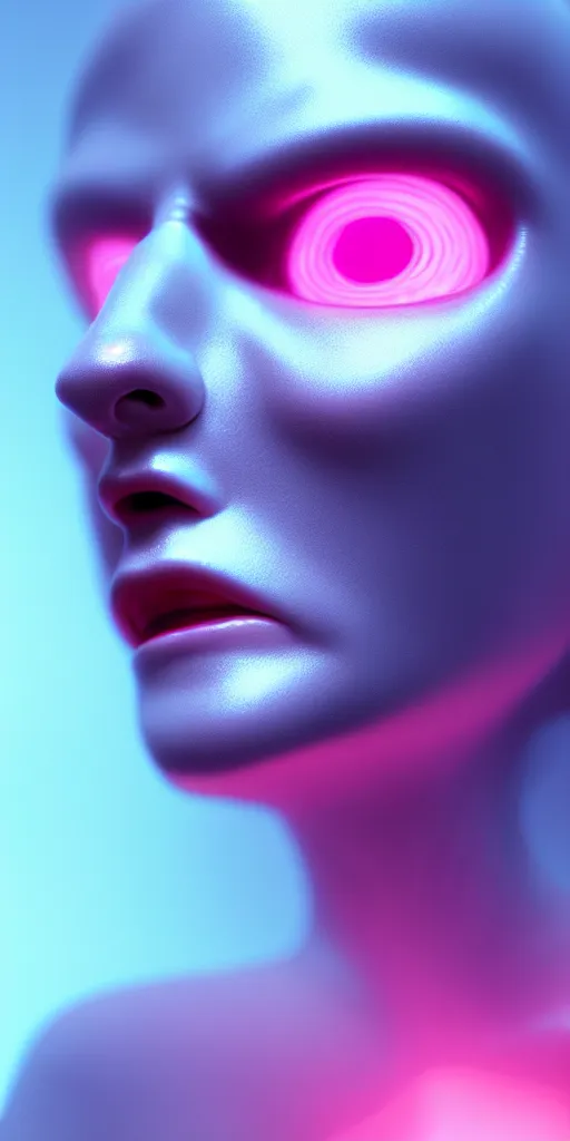 Image similar to 3d octane close-up render of baroque cyborg woman with black hair and pearlescent pink skin key sage wayne barlowe very soft blue neon lighting on one side wide angle 35mm shallow depth of field 8k