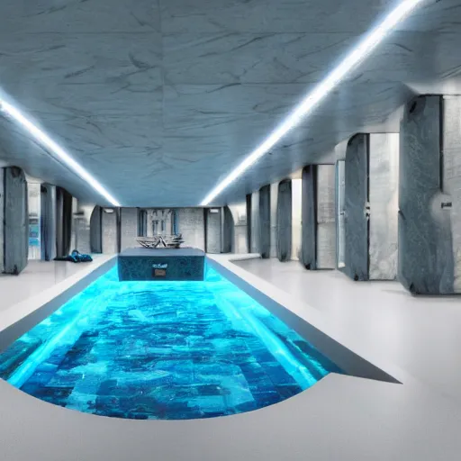 Image similar to a startrek futuristic with walls and floor made of blue granite. There is a small swimming pool on the floor