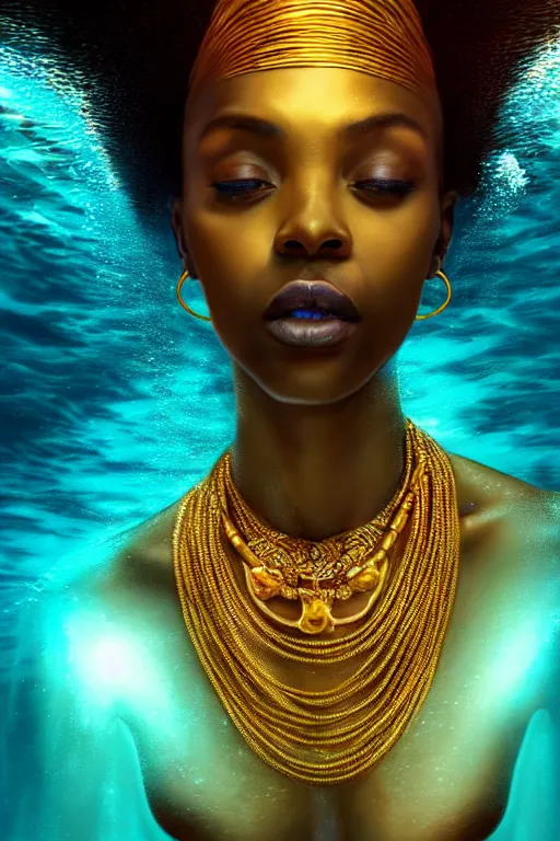 Image similar to hyperrealistic cinematic half underwater scene very expressive! translucent elegant african goddess full body, gold jewerly, highly detailed face, digital art masterpiece, aykut aydogdu eric zener, dramatic volumetric light, long shot, low angle uhd 8 k, sharp focus