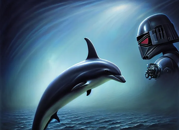 Image similar to wideangle!! portrait shot of a cyberpunk dolphin with robotic implants in star wars, intricate, elegant, highly detailed, centered, digital painting, artstation, concept art, smooth, sharp focus, illustration, artgerm, tomasz alen kopera, peter mohrbacher, donato giancola, joseph christian leyendecker, wlop, boris vallejo