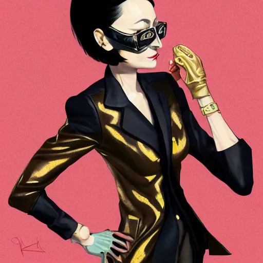 Image similar to Goro Majima as slim girl, gold suit jacket in snake print, black leather gloves, short black hair, black eye patch, elegant, 2d, ultra highly detailed, digital painting, smooth, sharp focus, artstation, art by Ilya Kuvshinov