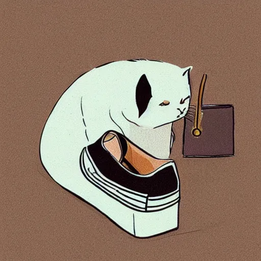 Prompt: a cat hiding inside a shoe, cute art