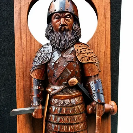 Prompt: Anglo-Saxon warrior, intricate wood carving, colour stained, rich woodgrain, lacquer finish