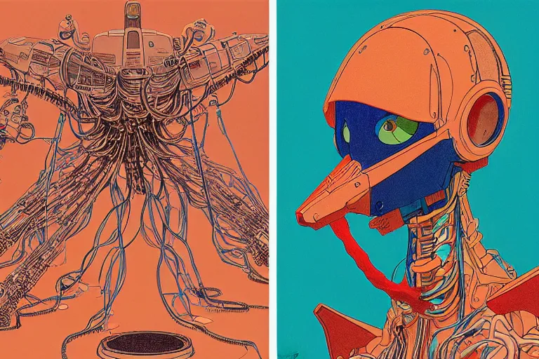 Image similar to risograph grainy drawing vintage sci - fi, satoshi kon color palette, gigantic gundam full - body covered with human bodies and wires, with lot tentacles, vermilion color, codex seraphinianus painting by moebius and satoshi kon and dirk dzimirsky close - up portrait