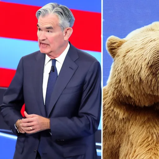 Prompt: a presidential debate between Jerome Powell and A bear