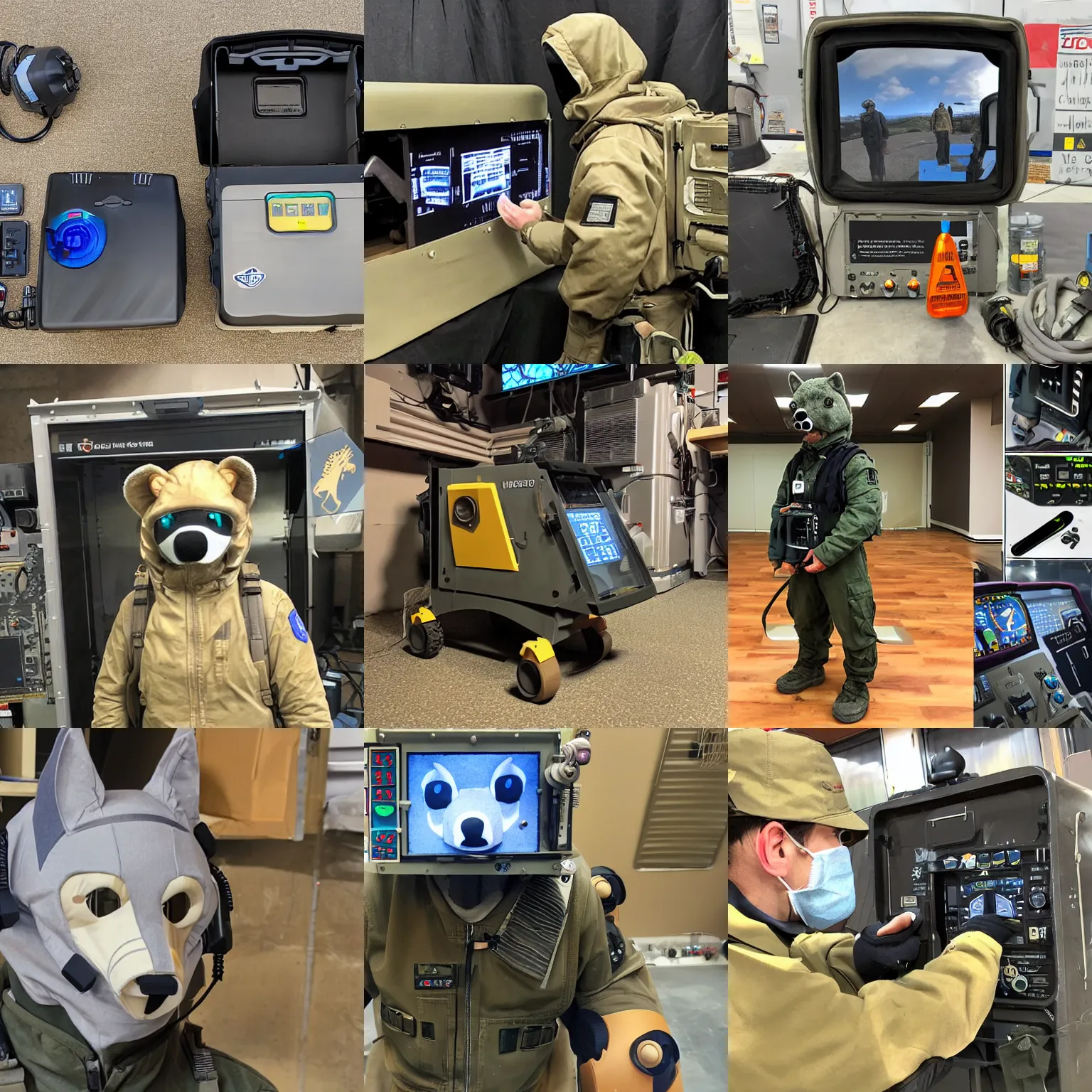 Prompt: A fully operational fursuit with a full suite of features including: HUD display, portable generator, self-contained sealed environment, and emergency countermeasures.