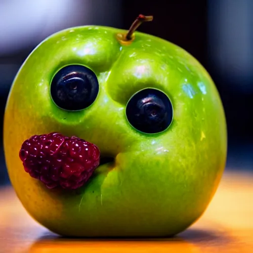 Prompt: Photo of A fruit with A FACE, sigma 50mm, ƒ/8, focal length: 50mm, hyper detailed.