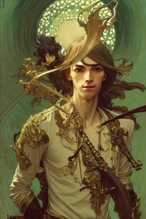 Prompt: thin young male bard, green long straight hair, fantasy, highly detailed, intricate, smooth, art by joseph leyendecker, peter mohrbacher, ruan jia, marc simonetti, ayami kojima, cedric peyravernay, alphonse mucha, victo ngai