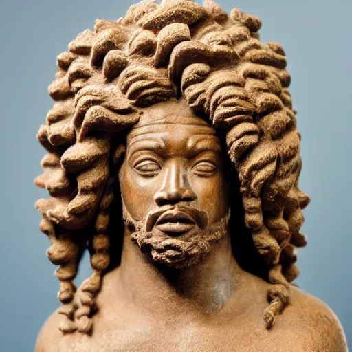 Image similar to east african man with curly hair as a marcus aurelius sculpture, intricate details, sharp focus