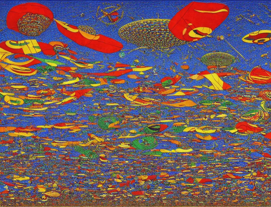 Prompt: a fleet of ufos flying mysterious flags, high angle, stylized, sparse detail, by mati klarwein, picasso and moebius