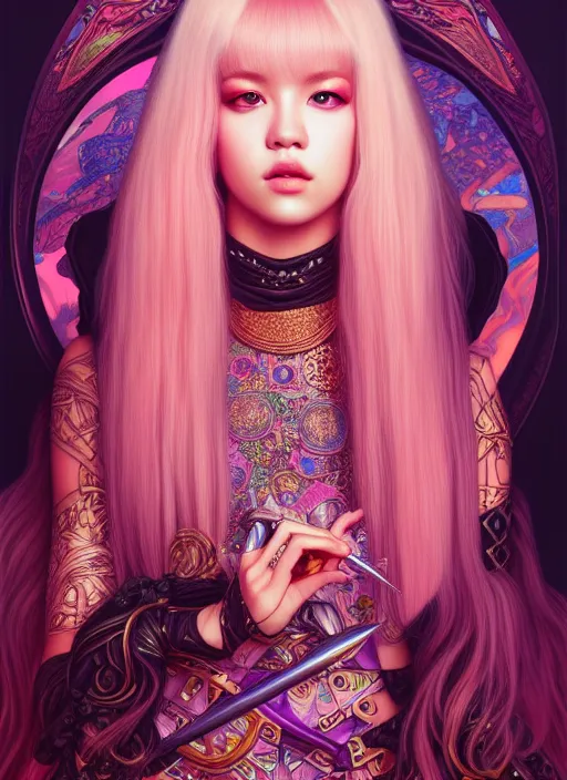 Image similar to jossi of blackpink, queen, tarot card, highly detailed, digital painting, smooth, sharp focus, illustration, ultra realistic, unreal engine, 8 k, art by artgerm and alphonse mucha