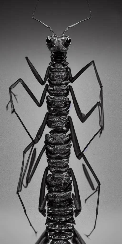 Prompt: a photorealistic render of a praying mantis made of melted plastic on a black background, greyscale, made of melted plastic and marble, c 4 d, by zhelong xu and ernst haeckel, wide angle, hyper realistic, plain black background, 8 k, volumetric lightning, octane render