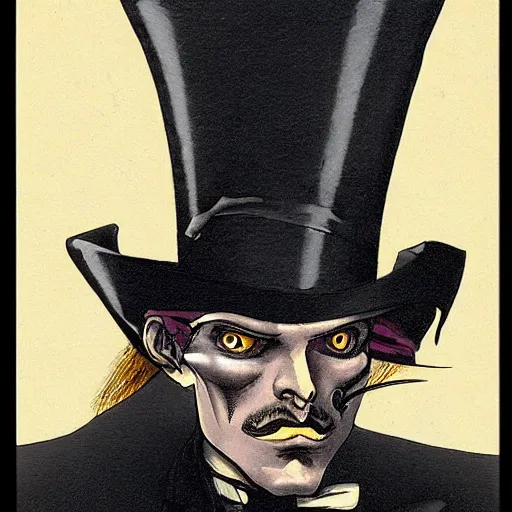 Prompt: portrait of demonic baroque steampunk cyborg gentleman with a top hat by moebius