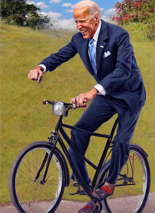 Prompt: joe biden falling from his bicycle, pulp art oil painting by mort kunstler and wilson mclean, intricate, hyper detailed, 4 k, hd, award winning, photorealistic