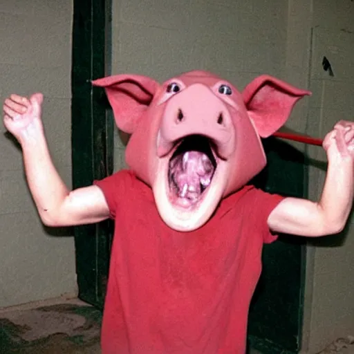 Image similar to creppy 2 0 0 3 photo of a pig masked man screaming in a dark red slaughterhouse