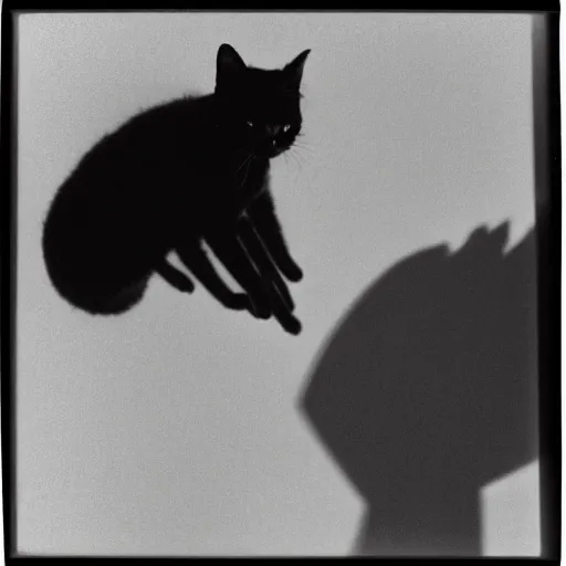 Image similar to wide - shot low - angle ant's eye view of cat shadow on the wall, polaroid photo, by andy warhol