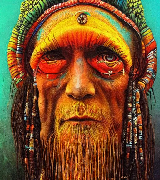 Image similar to Portrait painting in a style of Beksinski mixed with Alex Grey of an old shaman dressed in a colorful traditional clothes.