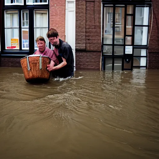 Image similar to closeup potrait of Dutch people with buckets in a flood in Amsterdam, photograph, natural light, sharp, detailed face, magazine, press, photo, Steve McCurry, David Lazar, Canon, Nikon, focus