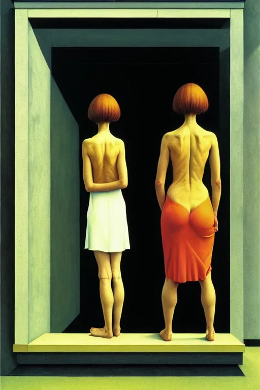 Image similar to twins, sisters, in the void, by the mirror, train station, woman poking tv in her head edward hopper and james gillard, zdislav beksinski, high detail alex colville, otto mueller, stephen conroy, sandro botticelli, andrew newell wyeth, daniel meidman jussi picho octane rendering