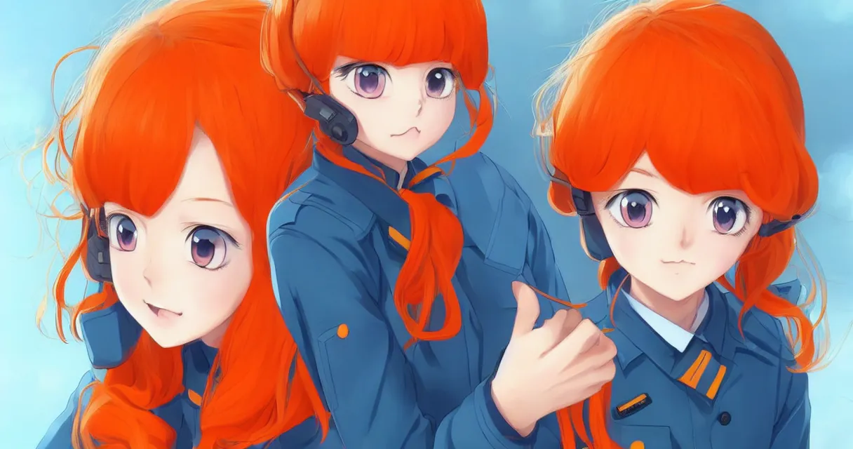 Image similar to very beautiful young anime girl with orange hair, dressed in soviet pioneer uniform, full body, sky blue eyes, full round face, front view, middle, highly detailed, colored manga drawing by wlop popular on artstation