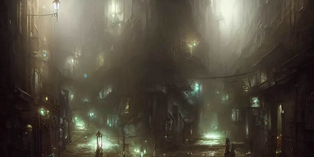 Prompt: dark city alleyway by bastien lecouffe - deharme and charles bowater, greg rutkowski, adventure game, inspired by diablo concept art