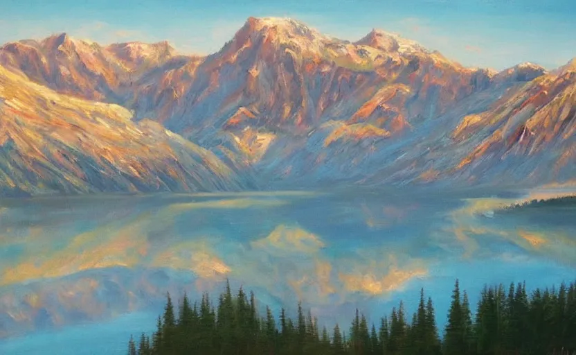 Image similar to a beautiful lake with mountains in the background, oil painting, trending on artstation, highly detailed