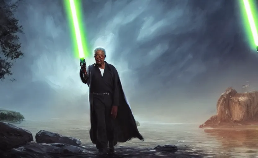 Image similar to morgan freeman holding a lightsaber, water landscape, dramatic lighting, cinematic, establishing shot, extremly high detail, photorealistic, cinematic lighting, post processed, concept art, artstation, matte painting, style by greg rutkowsky