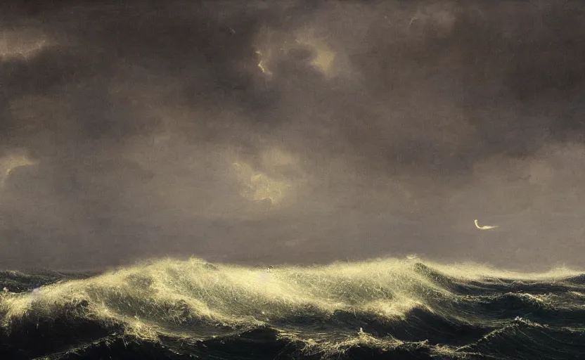 Image similar to middle of the ocean, large waves, no land, dark skies, close up shot, at dusk, 4k, rule of thirds, extreme detail, hazy, intricate ink illustration, surreal, surrealist, trending on artstation, cgsociety, hd, complimentary colours, realistic lighting, by Albert Bierstadt, Frederic Edwin Church.