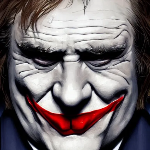 Image similar to [Gerard Depardieu as the Joker as president of France!, closeup, D&D, intricate, elegant, highly detailed, digital painting, artstation, concept art, matte, sharp focus, illustration, art by Artgerm and Greg Rutkowski and Alphonse Mucha]