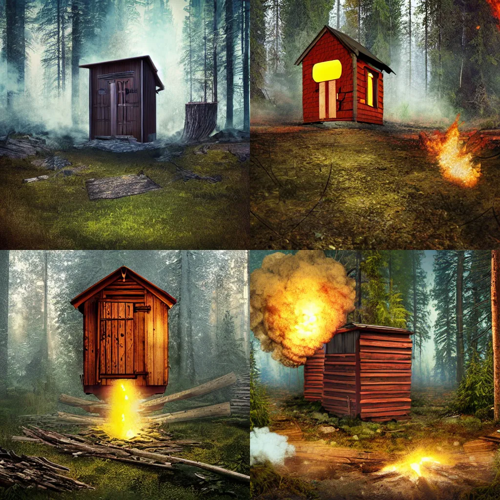 Prompt: finnish outhouse exploding in the middle of the forest, digital concept art, key art,