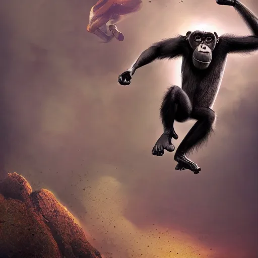 Image similar to Angry Chimpanzee Jumping, Epic Jump, Cinematic Photo, Cinematic Shot, Jungle, Foliage Boris Vallejo, Epic, 8k resolution, ArtStation, Hyperrealistic