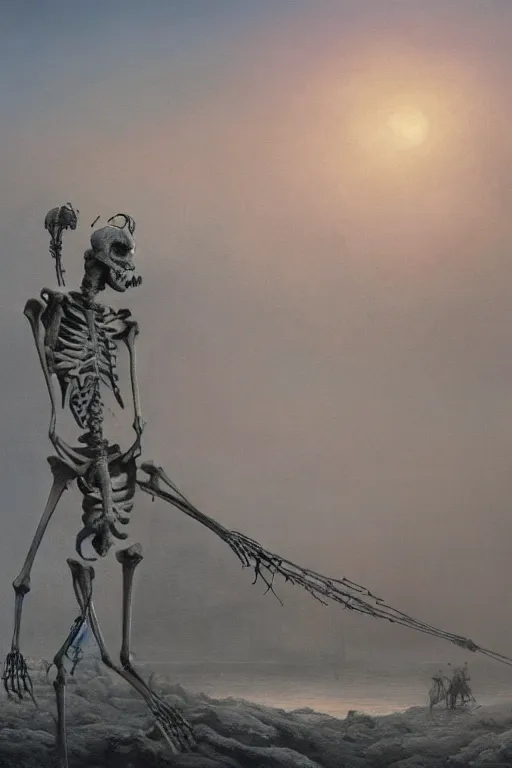 Prompt: a slender skeleton with gnarled limbs,very soft blue and orange pastel colors, dances on an apocalyptic landscape in the light of twilight with steamer,smoke and fog, painting by Beksiński,darkart, hyperdetailed,4k, very beautiful